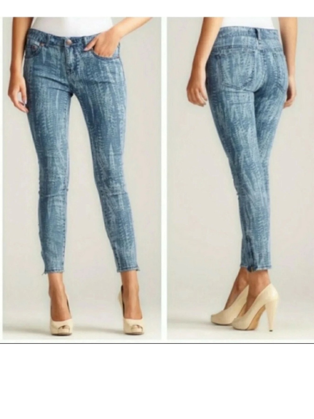Free People‎ Women's Jeans Size 31/25.5” Feather Print Skinny Zip Ankle Boho
